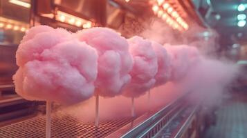 A line of pink cotton candy on a conveyor belt photo