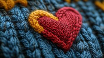 A close up of a knitted heart on a blue sweater photo