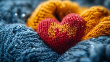 A knitted heart is shown on a blue background photo