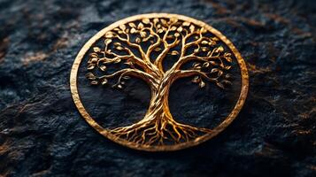 Golden tree of life on black background photo