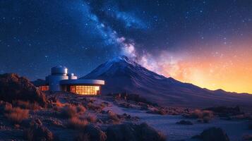A mountain with a telescope and stars in the sky photo