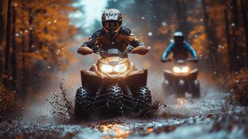 Two people riding atvs through the woods photo