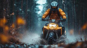 A person riding a motorcycle through a forest photo
