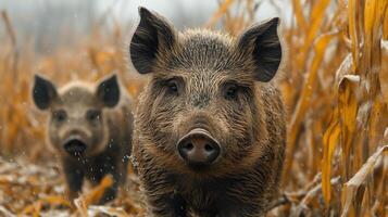Two wild boars are walking through tall grass photo