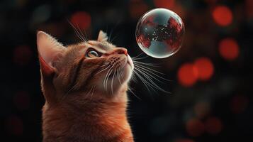 A cat looking up at a bubble photo