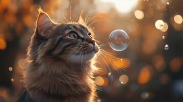 A cat is blowing bubbles in the air photo