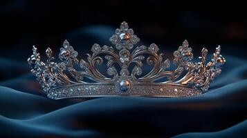 An ornate silver crown rests on dark fabric photo