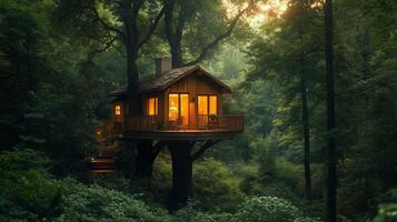 A cozy wooden treehouse with large windows photo
