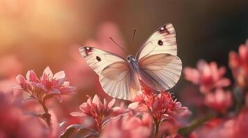 A white butterfly is sitting on some pink flowers photo