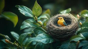 A golden bird's nest atop a green leafy branch photo