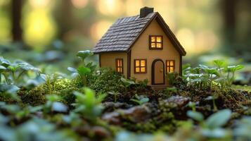 A small house is sitting in the middle of a forest photo