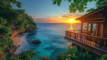 A beautiful view of the sunset from the balcony of a house on the beach in bali, photo