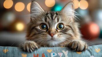 A cat is sitting on a pillow with a happy face photo