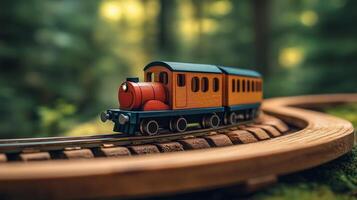 A toy train is on a track in the woods photo