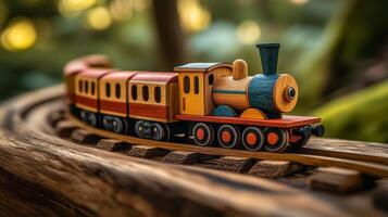 A toy train is on a track in the woods photo