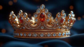 Elegant Gold Crown with Sparkling Gems on Satin Fabric photo