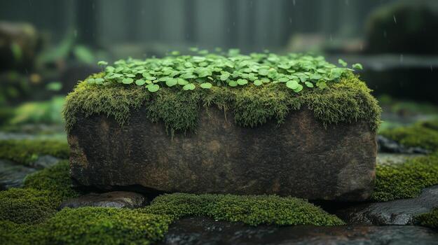 A moss covered rock sitting in the middle of a forest photo
