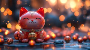 A red cat figurine with a gold chain around it photo