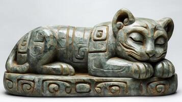 A stone sculpture of a cat sleeping on a stone base photo