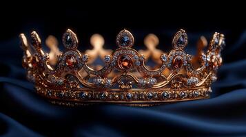 Golden crown on blue satin fabric photo