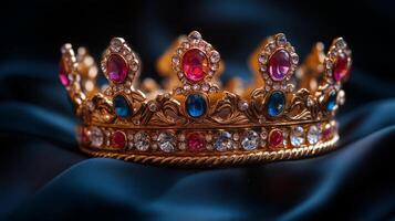 A gold crown with blue and red stones photo