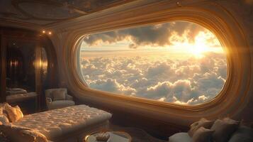 A bedroom with a window looking out over the clouds photo