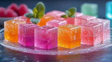 Neon, colorful jello cubes on glass plate photo