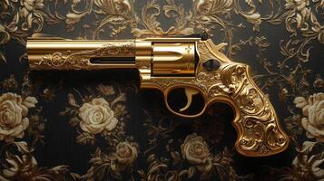 Ornate Gold Revolver on Intricate Background photo