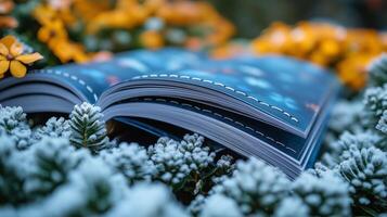 A book is laying on the ground surrounded by flowers photo