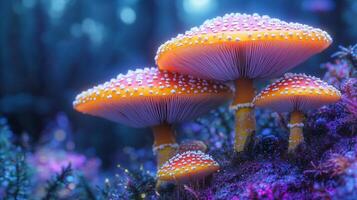 Three colorful mushrooms are standing on top of a mossy forest photo