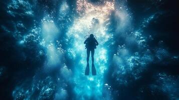 A person in a scuba suit standing in the ocean photo