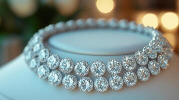 A diamond necklace on display in a jewelry case photo