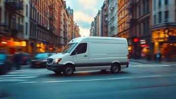 Street mock-up. White delivery van in motion photo