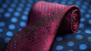 A red tie laying on a blue polka dot background photo