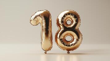 Golden number 18 balloon on a white background 3d rendering photo