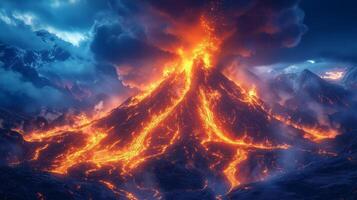 An image of a volcano with lava and smoke photo