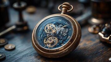 A pocket watch with a mechanical movement on a wooden table photo