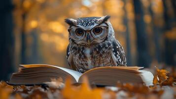 Owl reading book in autumn forest photo