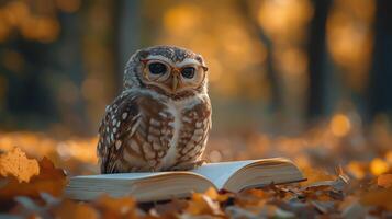 Owl reading book in autumn photo