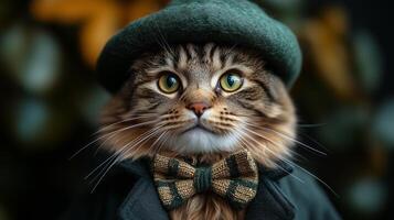 A fluffy cat in a green hat and bow tie. photo