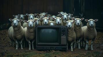 A group of sheep standing around a television photo