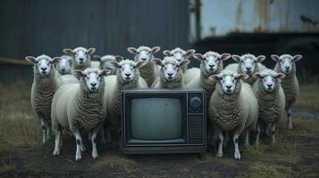 A group of sheep standing in front of a television photo