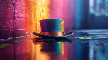 A colorful top hat sits on the ground photo