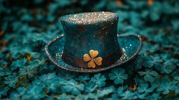 A sparkling leprechaun hat rests on bed of clovers photo
