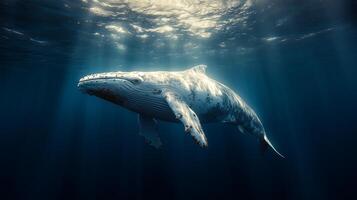 A whale swimming in the ocean with sunlight shining on it photo