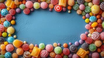 Colorful candy on blue background photo