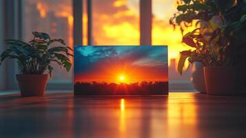 A photo of the sunset on a table in front of a window