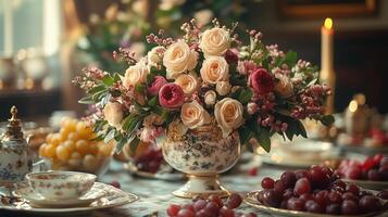 A table setting with a vase of roses and grapes photo