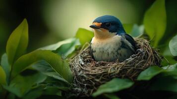 A small bird is sitting in a nest on a tree photo