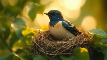 A bird is sitting in a nest on a tree photo